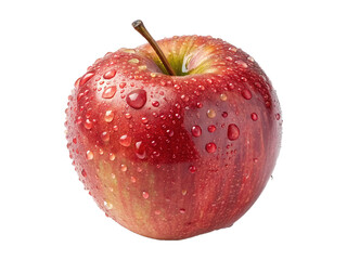 A shiny red apple with water droplets on its surface against a black background in close up view