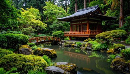 Lush Japanese garden pavilion