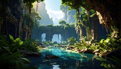 Lush jungle ruins, sunlit valley
