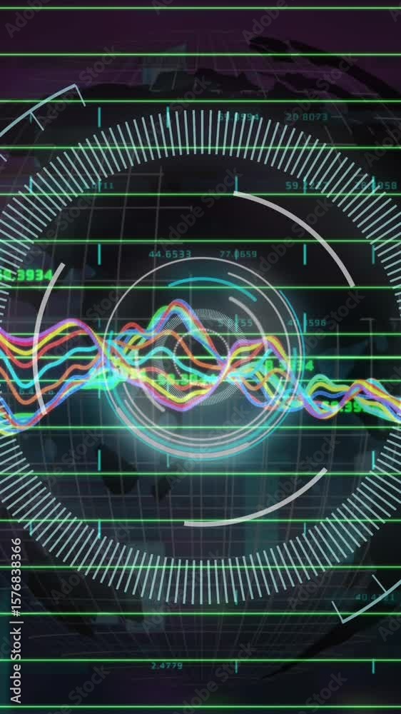 Poster animation of round scanner spinning over statistical data processing against green background