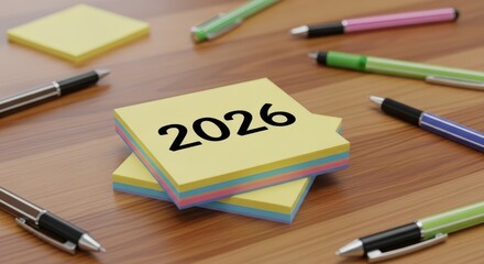Stack of yellow sticky notes with the year 2026 printed on top surrounded by pens