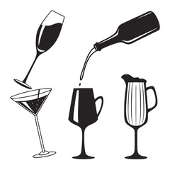 Assorted drink glasses and pouring bottle silhouettes wine champagne