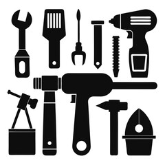Assortment of black construction tool silhouettes tools drill