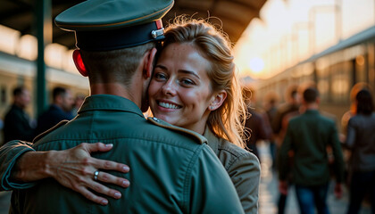 Woman smiling while hugging soldier at train station during sunset  