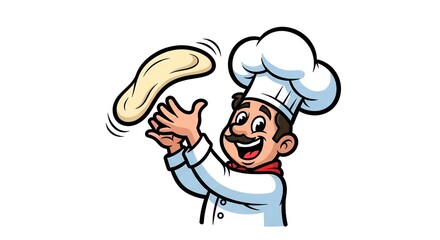 Happy Chef Tossing Pizza Dough: A Culinary Cartoon Illustration