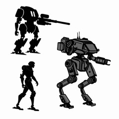Black and gray robotic figures with weapons and armor mecha silhouette