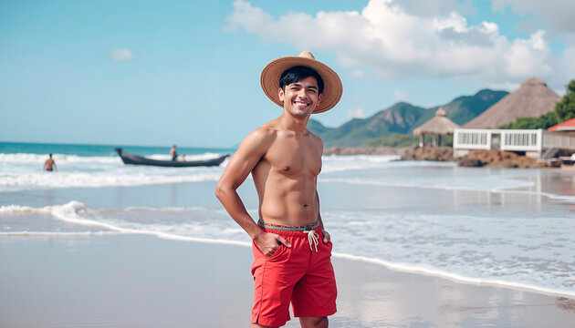 Young man smiling and standing on beach with ocean in background  