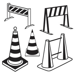 Black and white traffic safety cones and barriers construction traffic cone