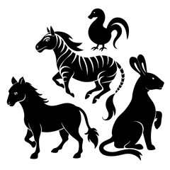 Black animal silhouettes horse zebra rooster rabbit vector