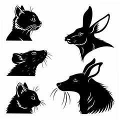 Black animal head silhouettes cat mouse deer white