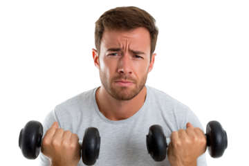 A man struggling to lift dumbbells during a workout isolated on transparent background