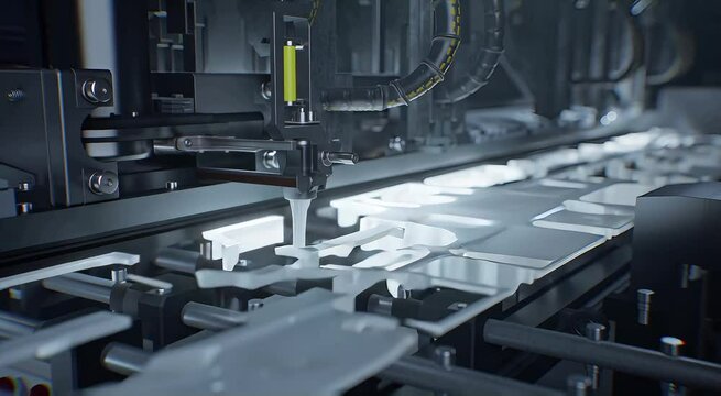 Close up of automated machine applying adhesive to white plastic components on assembly line