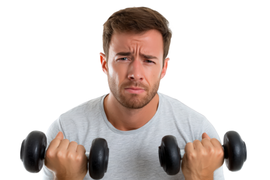 A man struggling to lift dumbbells during a workout isolated on transparent background