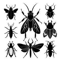 Black insect silhouettes beetle moth cricket grasshopper fly vector