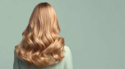 Naklejka premium Blonde Waves: A back view of a woman with flowing, wavy blonde hair, showcasing a perfect hairstyle. Capturing beauty and hair care.