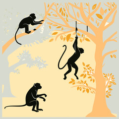 Black monkey silhouettes climbing and hanging on orange tree branches vector