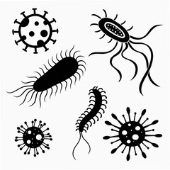 Black silhouette bacteria and virus shapes on white microscopic