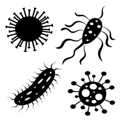 Black silhouette bacteria and virus shapes on white microscopic biology