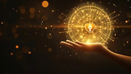 Hand holding a golden heart with a key graphic