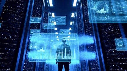 Individual analyzing data in a high-tech server room, surrounded by digital displays and analytics - Powered by Adobe