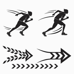 Black silhouettes of athletes running and directional arrows motion speed
