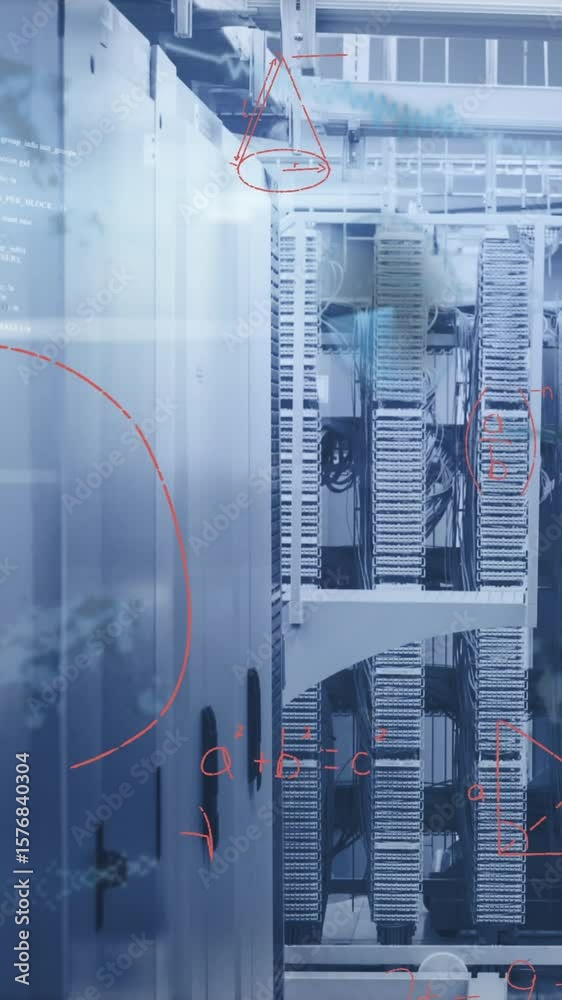Poster animation of mathematical equations and data processing against computer server room