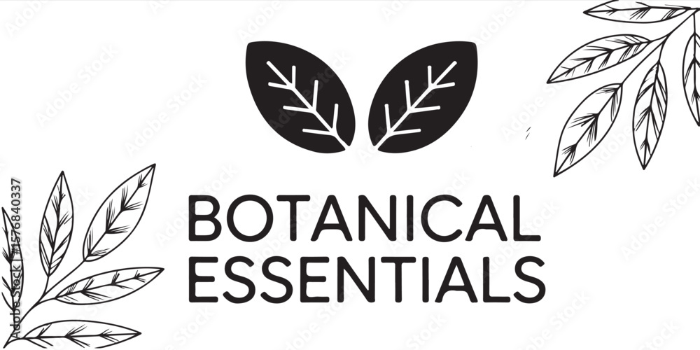 Fototapete botanical essentials text with two leaves and leaf branches on a white background design element