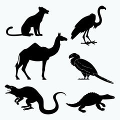 Black silhouettes of desert animals and prehistoric creatures fennec fox camel