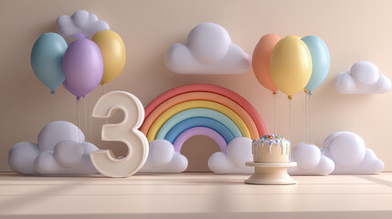 3rd Birthday Rainbow Theme: A pastel rainbow arches over a number three, surrounded by pastel balloons and clouds, with a birthday cake. Perfect for a little one's third birthday.