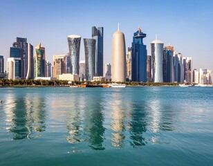 Obraz premium Modern city skyline reflected on water