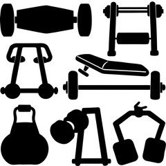Black silhouettes of gym equipment for exercise and strength training fitness weightlifting