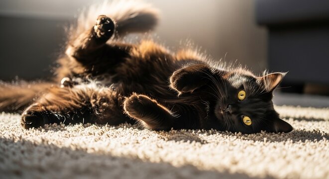 A black cat playfully sprawled on a light beige carpet, bathed in sunlight.