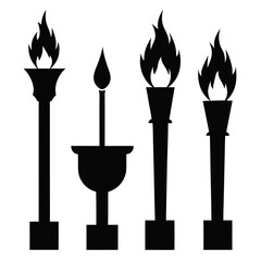 Black silhouettes of torches and candle with flames fire light