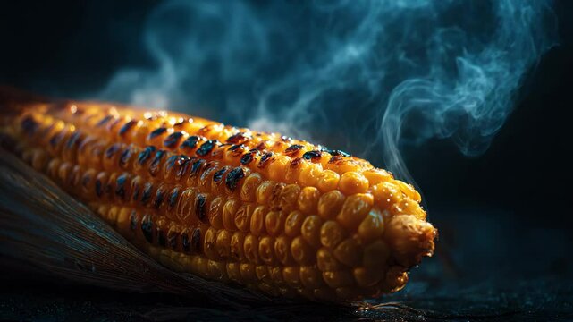 Close up of a grilled corn on the cob, steaming, dark background, golden yellow kernels, charred edges, blueish gray smoke. 