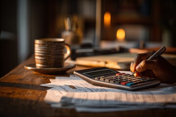 Obraz premium Person Calculating Finances on Desk Surrounded by Paperwork and Coffee
