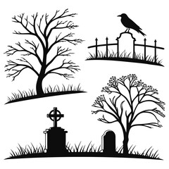 Naklejka premium Cemetery scene silhouettes with bare trees gravestone fence and crow cross