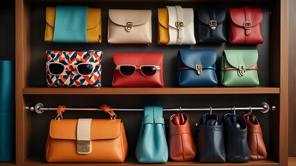 A neatly organized shelf with small purses, sunglasses, and scarves 