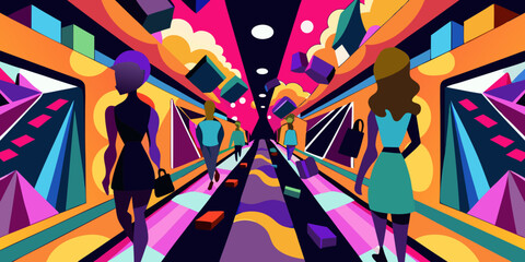 Abstract Illustration of People Walking in a Colorful Cityscape with Geometric Shapes and Vibrant Colors Modern and Stylish Art
