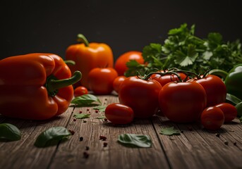 Freshly Harvested Vegetables: A Vibrant Still Life of Bell Peppers, Tomatoes, and Herbs on Rustic Wood, Showcasing Natural Colors and Culinary Goodness for Healthy Eating and Farm-to-Table Concepts