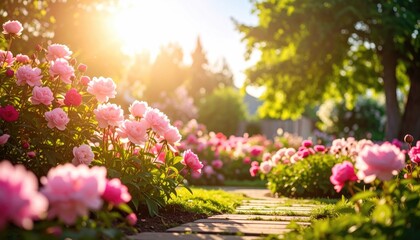 Obraz premium Lush pink flowers in a garden pathway