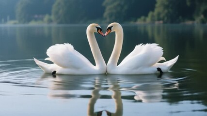 Two elegant swans form a heart shape with their necks on a calm lake, surrounded by serene reflections, a moment that is suitable for romance visuals, nature themes, or wedding content.