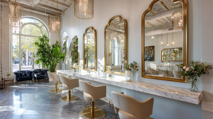Elegant Salon Interior: A sophisticated salon, with mirrors, seating, and artistic elements, embodies style and luxury, inviting you into a world of beauty and relaxation.