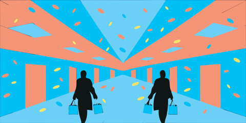 Abstract Illustration of Shoppers Walking Down a Mall Hallway with Bags and Colorful Shapes Overhead Retail Concept