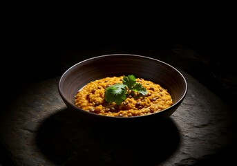 Delicious Indian Dal Makhani Served in a Rustic Bowl, Garnished with Fresh Cilantro, Shot in Dramatic Lighting Against a Dark Background, Showcasing Authentic Culinary Traditions