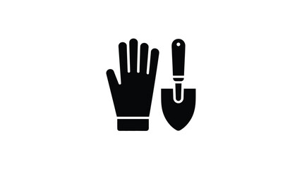 Obraz premium Black silhouette of a gardening glove and a trowel on a white background
