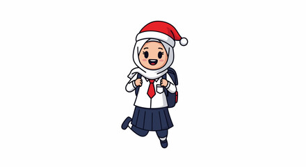 Cartoon Muslim schoolgirl in a Santa hat, jumping with backpack, joyful expression.