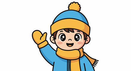 Fototapeta premium Cartoon boy in winter clothes waving hello.