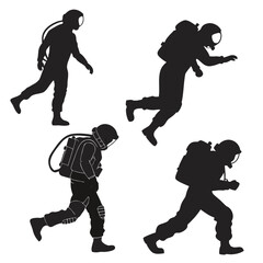 Four black astronaut silhouettes in motion against white background space suit