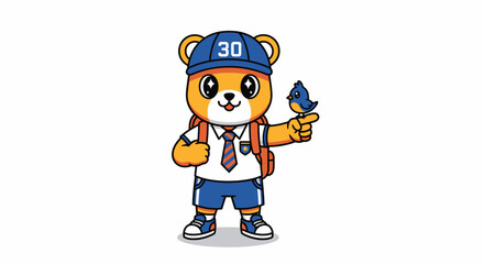 Obraz premium Cute cartoon teddy bear student holding a bird, wearing school uniform and backpack.