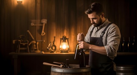 Naklejka premium A bearded winemaker carefully bottles his vintage wine in a rustic cellar, the warm lamplight illuminating the scene. The aroma of grapes fills the air.